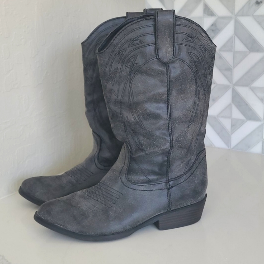 Faux suede distressed cowboy boots